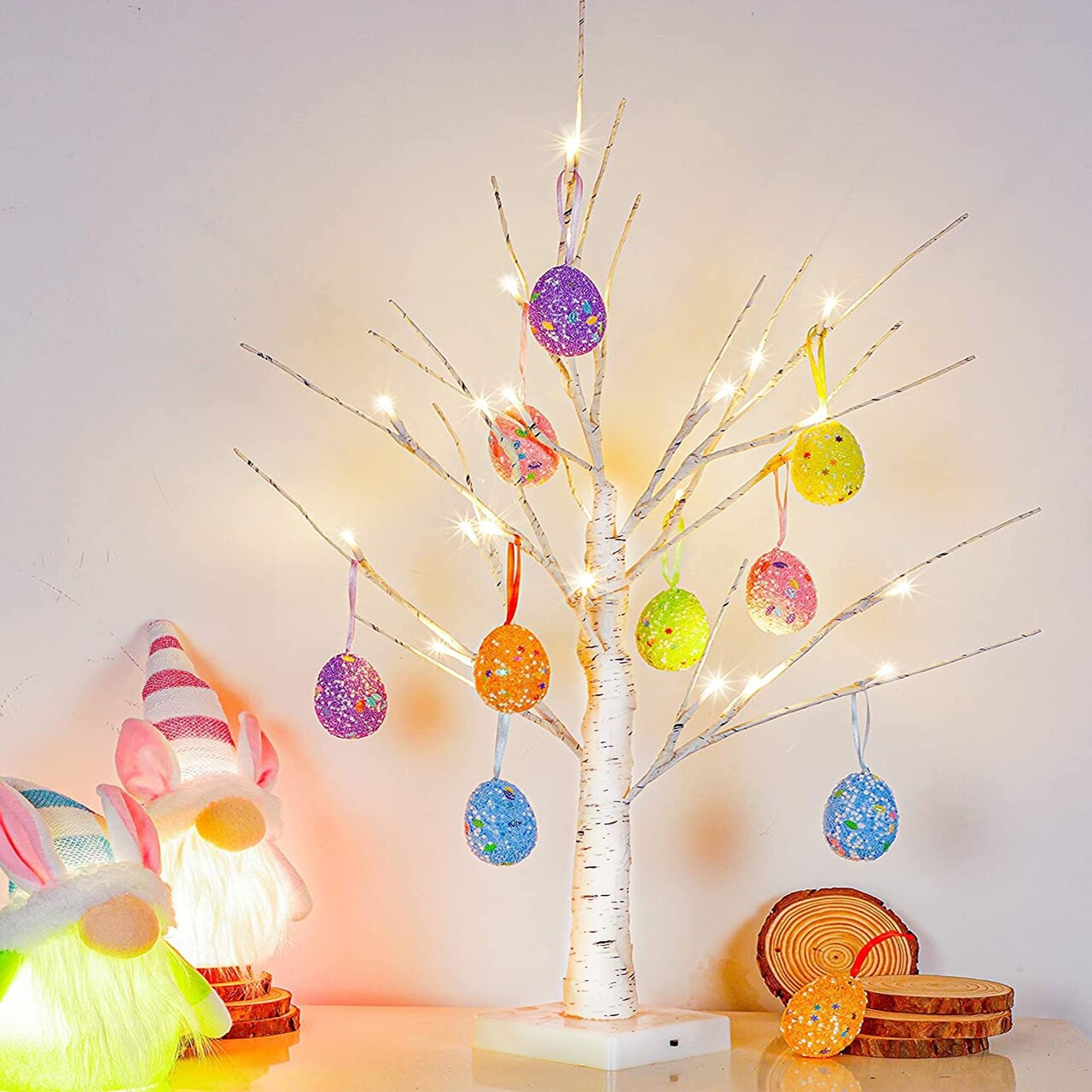 Easter Decorations kemooie 24 Inch Pre-lit White Birch Tree with 10 Hanging Easter Egg Ornaments, 24 Led Lights Battery Operated Easter Table Centerpiece for Party Birthday Home Spring Decoration